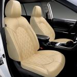 CAROMOP Luxury PU Leather Car Seat Covers Full Set-Waterproof Seat Protectors with Split Bench Seat Covers for Cars-Universal Cars Interior Covers for Sedans, SUVs, Pick-up Trucks(Beige/Beige Line)