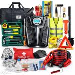 Car Emergency Kit, Roadside Assistance Emergency Car Kit Jumper Cables, Road Trip Essentials, Auto Vehicle Car Safety Kit with Digital Air Compressor Tire Inflator, Reflective Warning Triangle