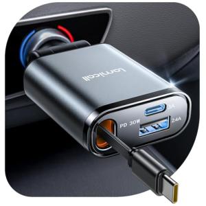 Lamicall Car Charger USB C Compatible with iPhone 17 16 15 Fast Charging [Ultra-Compact, 60% Less Space] 57w Type C Retractable Car Charger Fit Samsung Galaxy S25 S24 Ultra Pixel Android