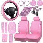 CAR PASS 24 PCS Pink Bling Diamond Accessories Set for Women, Leather Seat Covers, 15'' Steering Wheel Cover, Shining Rhinestone Sparkly Hooks, Coasters, Cute Interior Decorations