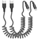 Eettvekd Coiled Carplay Car Charger Fast Charging，[2-Pack, 3ft] Retractable Braid USB A to USB C Cable for iPhone 17/17 Air/16/15/Plus/Pro Max/MacBook Pro, USB C Cord,Grey