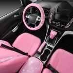 CAR PASS 24 PCS Pink Bling Diamond Accessories Set for Women, Leather Seat Covers, 15'' Steering Wheel Cover, Shining Rhinestone Sparkly Hooks, Coasters, Cute Interior Decorations