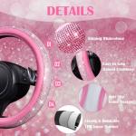 CAR PASS 24 PCS Pink Bling Diamond Accessories Set for Women, Leather Seat Covers, 15'' Steering Wheel Cover, Shining Rhinestone Sparkly Hooks, Coasters, Cute Interior Decorations