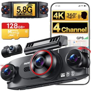 4 Channel 360° Dash Cam Front Rear and Left Right Inside, 4K+1080P*3 Dash Camera for Cars with Free 128GB SD Card, 5.8GHz WiFi-30MB/s, 24H Parking Mode, G-Sensor, GPS, Night Vision, Voice Control