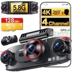 4 Channel 360° Dash Cam Front Rear and Left Right Inside, 4K+1080P*3 Dash Camera for Cars with Free 128GB SD Card, 5.8GHz WiFi-30MB/s, 24H Parking Mode, G-Sensor, GPS, Night Vision, Voice Control