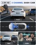 BAEASU Dash Cam Front and Rear 2.5K/1440P, 3 Channel Dash Camera for Cars Dash Cam Front Rear and Inside with 32GB Card, 3.16" IPS Screen, G-Sensor, Loop Recording, Night Vision, Parking Mode