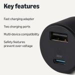 Amazon Basics Fast-Charging Car Charger, Dual-Port, 1 USBC+1 USB-A, 48W, Black