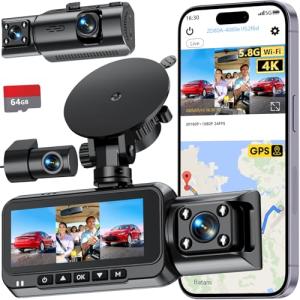 3-Channel Dash Cam 4K for Car: Front, Rear & Inside Dash Camera with 5.8G WiFi & GPS - 24H Parking Mode, 64GB Card for Rideshare Driver
