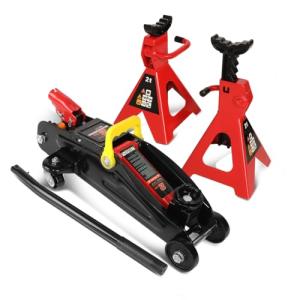 Auto Dynasty 2 Ton Floor Jack with Jack Stands, Heavy Duty Steel Hydraulic Racing Floor Jack with Single Piston Quick Lift Pump, Hydraulic Trolley Service Car Jack, Red/Black