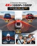 4K 3 Channel Dash Cam Front and Rear, Dash Camera for Cars, STARVIS 2 Sensor Dash Camera with HDR Night Vision, 24H Parking Mode Car Camera with GPS, Loop Recording