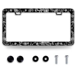 Line Art Flowers License Plate Frame Beautiful Floral License Plate Frames Funny Stainless Steel Accessories Cars Decor with 2 Holes and Screws Fits Standard Us Ca Vehicles Holder 12.2 X 6 Inch