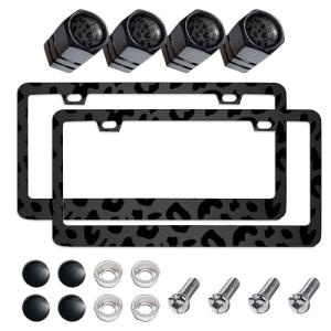 2Pcs Printed Aluminum Alloy License Plate Frames and 1 Set of Printed Valve Caps,Sturdy and Rust-Proof Aluminum Brackets,Unisex Car License Plate Frames,Screws Included. (Black Leopard Print)