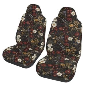MAGIFUN Floral Car Seat Cover Retro Daisy Seat Cushion Auto Bucket Seat Cover Set 2 Pack Hippie Boho Flower Car Front Seat Cushion Elastic Seats Cushion Automotive Seats Covers Accessory, Brown