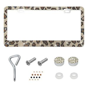SHMZK Bling License Plate Frame, Handcrafted Rhinestone License Plate Holder with Mounting Kit, Sparking Diamond Stainless Steel License Plate Cover for Women, Car Accessories (Leopard)