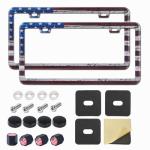 American Flag License Plate Frame, Premium Fashion Matte Aluminum Holder with 2 Holes, 2 Pcs US Flag Universal Car Frame Waterproof Rust-Proof, Including Screws, Caps and Rattle Proof Pads