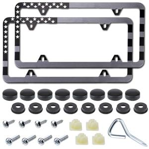 2 Pack American Flag License Plate Frame Holder, Universal Matte Stripe US Flag Patriotic, Stainless Steel Car Plate Frame Covers with Screws Fasteners Caps and Tool