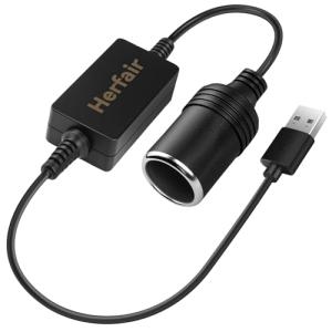 Herfair USB A Male to 12V Car Cigarette Lighter Socket Female Converter Cable Adapter for Radar Detector, Dash Cam, GPS Charger Need Support QC function,the charger power should higher than the device