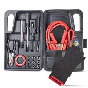 Firestone 30-pc Set Roadside Car Repair Kit, Car Tool Kit for Vehicles with Durable Hard Case with Handle, Portable Automotive Tool Set for Trucks, RVs, SUVs, ATVs with 8ft Booster Cables