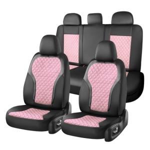 Coverado Car Seat Cover 5 Seats, Leather Seat Covers Full Set, Durable Waterproof Car Seat Protectors, Black and Pink Seat Cover, Spill-Proof Automotive Seat Covers Universal Fit for Most Cars Trucks