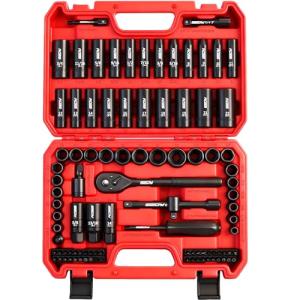 96-Piece 3/8" Drive Impact Socket Wrench and Bit Set, SAE 5/16”-3/4” & Metric 8-22mm, Cr-V Standard & Deep Sockets, Power Bits, Ratchet Handle, Universal Joint, Bit Holder, Adapters, Spark Plug Socket