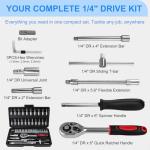 nkpyln 46PCS 1/4 Inches Ratchet Socket Wrench Set, Metric Socket Ratchet Wrenches Set, Ratcheting Wrench Tool Sets for Men, Premium Small Car Tool Kit for Automotive, Household Maintenance and Repairs
