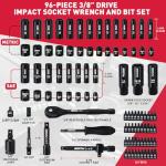 96-Piece 3/8" Drive Impact Socket Wrench and Bit Set, SAE 5/16”-3/4” & Metric 8-22mm, Cr-V Standard & Deep Sockets, Power Bits, Ratchet Handle, Universal Joint, Bit Holder, Adapters, Spark Plug Socket