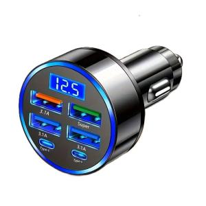 120W 6-Port Fast Car Charger USB-C with LED Voltage Display, Multi Port Cigarette Lighter Adapter for iPhone, Android