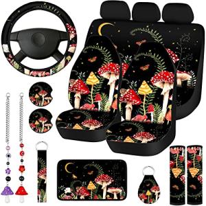 Riakrum 17 Pcs Mushroom Car Seat Covers Car Accessories Full Set for Women Men Automotive Rear Front Seat Protector View Mirror Hanging Ornament Steer Wheel Belt Cover(Forest Mushroom)