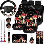 Riakrum 17 Pcs Mushroom Car Seat Covers Car Accessories Full Set for Women Men Automotive Rear Front Seat Protector View Mirror Hanging Ornament Steer Wheel Belt Cover(Forest Mushroom)