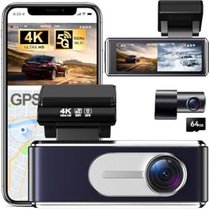 4K Dash Cam Front and Rear,with 64GB Card,Built in 5.8GHz WiFi & GPS Car Camera,Super Night Vision,Advanced Driver Assistance System,3.2'IPS Screen,24H Parking Mode,Time-Lapse,Loop Recording