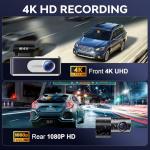 4K Dash Cam Front and Rear,with 64GB Card,Built in 5.8GHz WiFi & GPS Car Camera,Super Night Vision,Advanced Driver Assistance System,3.2'IPS Screen,24H Parking Mode,Time-Lapse,Loop Recording