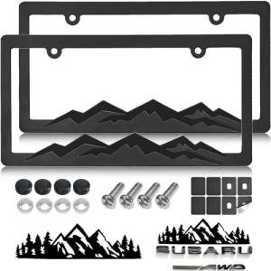 GNSZSN Mountain License Plate Frames - 2 Pack Black Plastic Car Tag Frame with 3D Mountain Design, Included Mountain Vinyl Sticker, Screws & Caps