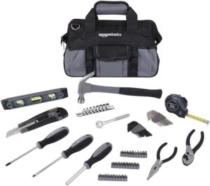 Amazon Basics 65 Piece Home Repair Tool Kit Set With Carrying Bag, Hand Tools, Socket Set, SAE and Metric, Silver, Black