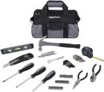 Amazon Basics 65 Piece Home Repair Tool Kit Set With Carrying Bag, Hand Tools, Socket Set, SAE and Metric, Silver, Black