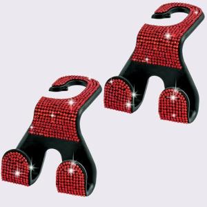 MTGOCHA Bling Car Purse Hooks 2Pcs, Durable Car Headrest Hook, Holds 44Lbs, Double-Hooks, Wide-Opening, Rhinestone Automobile Purse Hangers Holder, Bling Car Accessories for Women, Red