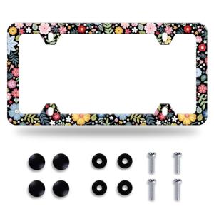 Colorful Bright Watercolor Flowers Floral Cute License Plate Frame 1 Pack Stainless Steel License Plate Frame Accessory Car Plate Frame Decor 12.3" x 6.3"for US Vehicle Standard Size