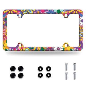 Hippie Flowers License Plate Frame Cute Floral License Plate Colorful Stainless Steel Funny Auto Parts Beautiful License Plate Decoration with Holes Screws Size 12.3" x 6.3"
