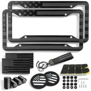 American Flag License Plate Frames Holder - 2 Pack Stainless Steel Rustproof USA Patriotic Car Tag Cover Holder with Free Screws Accessories + Metal Stickers & Keychain & Cup Holder Mats, Black Gray