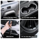 American Flag License Plate Frames Holder - 2 Pack Stainless Steel Rustproof USA Patriotic Car Tag Cover Holder with Free Screws Accessories + Metal Stickers & Keychain & Cup Holder Mats, Black Gray