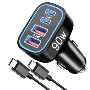 90W 4-Port USB C Super Fast Car Charger for Samsung Galaxy S26/S25/S24/S23/S22 Ultra, iPhone 17/16/15 Pro Max, Android, Type C Fast Charging Car Phone Charger Adapter Accessories + 3FT USB-C Cable