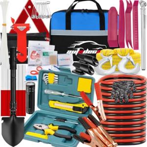 AUTODECO Car Emergency Roadside Kit Safety Assistance Kit for Vehicle with Shovel Jumper Cable First Aid Kit