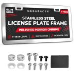 Polished Mirror Chrome Silver Thin License Plate Frame – 1 Piece, Car Wash Proof Stainless Steel, Rust-Free, Rattle-Free, Street Legal, Slim 2 Hole with Screw Caps, Metal Front or Rear Car Tag Holder