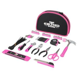 EXCITED WORK 89 Piece Pink Tool kit, Ladies Hand Tool Set with Easy Carrying Round Pouch Household Tool Kit Perfect for DIY, Home Maintenance and Dorm Repair