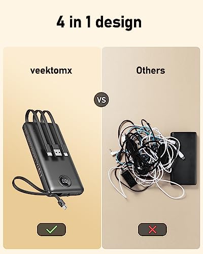 VEEKTOMX 10000mAh Portable Charger with Built-in Cables