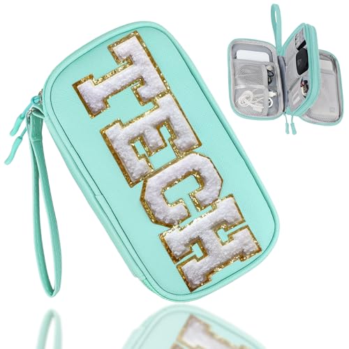 Personalized Chenille Tech Organizer Bag - Greenish Blue