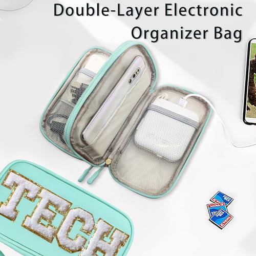 Personalized Chenille Tech Organizer Bag - Greenish Blue