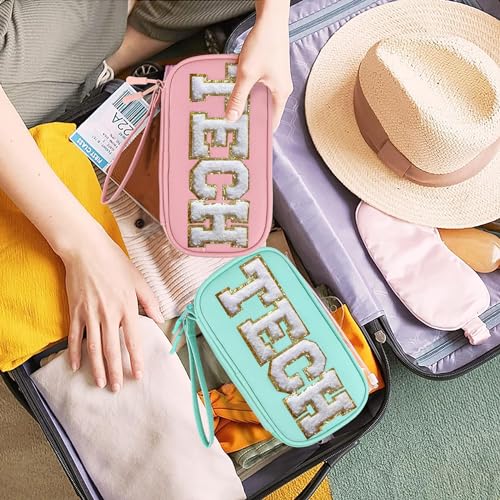 Personalized Chenille Tech Organizer Bag - Greenish Blue