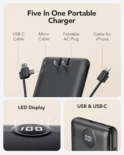 10000mAh Portable Charger with Built-in Cables