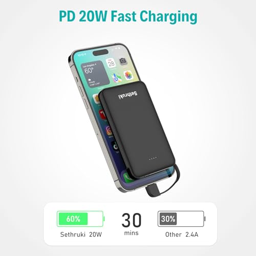 20W Slim Portable Charger with Built-in USB-C Cable