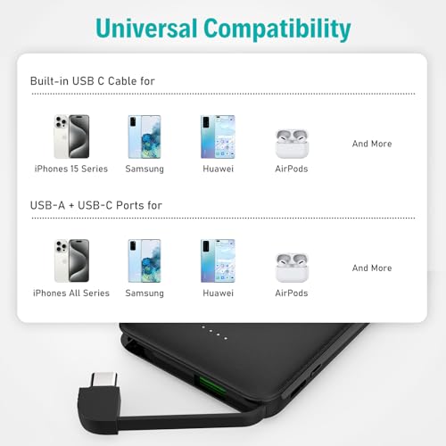 20W Slim Portable Charger with Built-in USB-C Cable